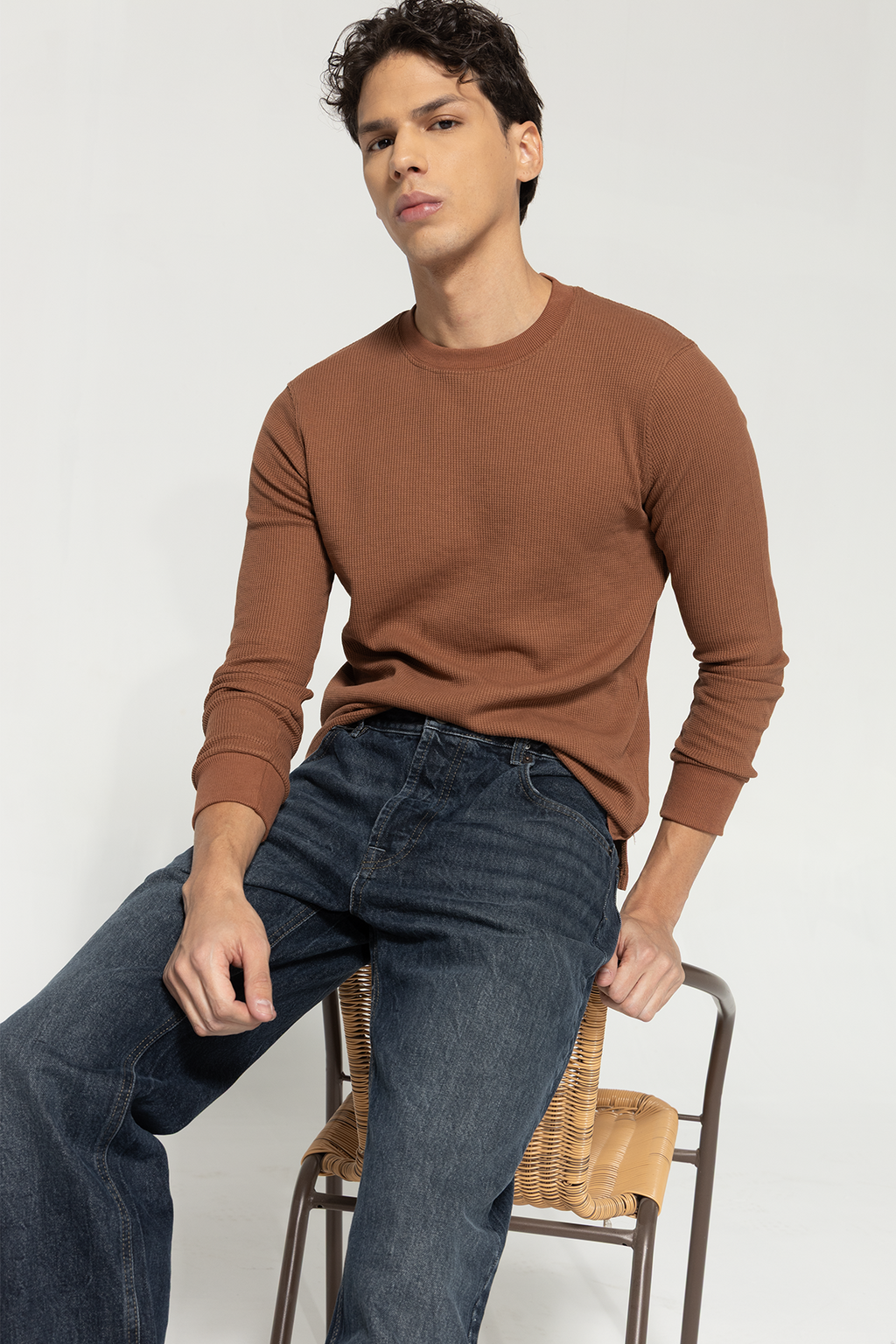 Waffle Long Sleeve T-Shirt - Brown