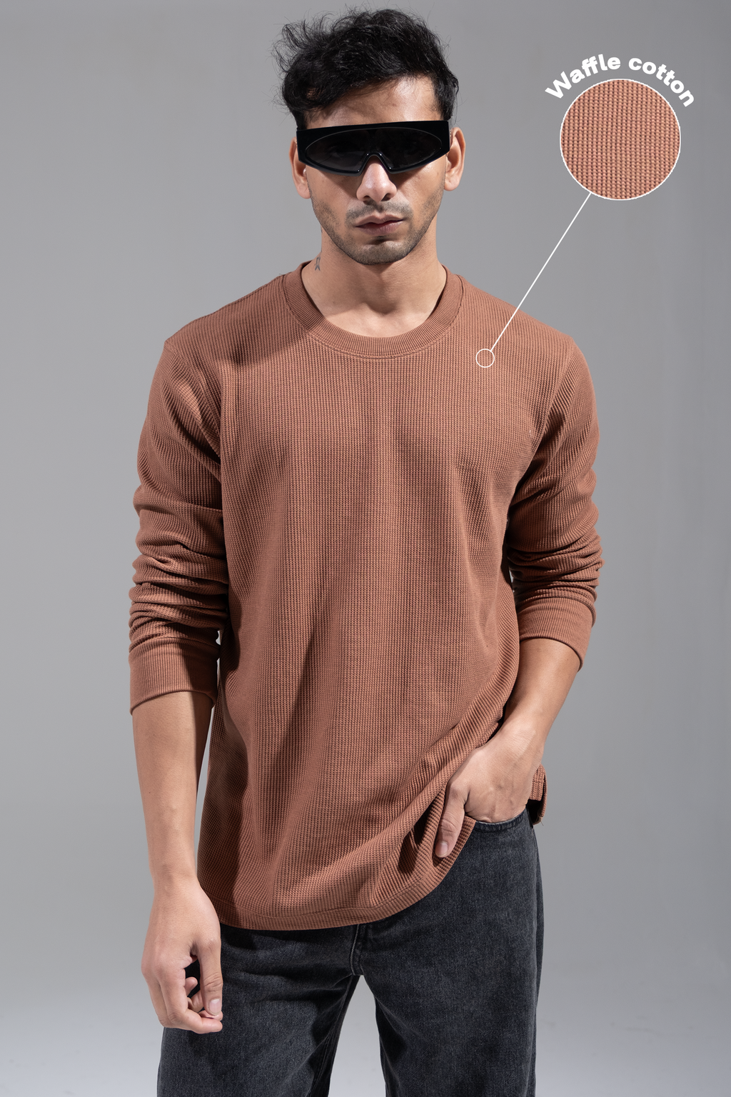 Waffle Long Sleeve T-Shirt - Brown