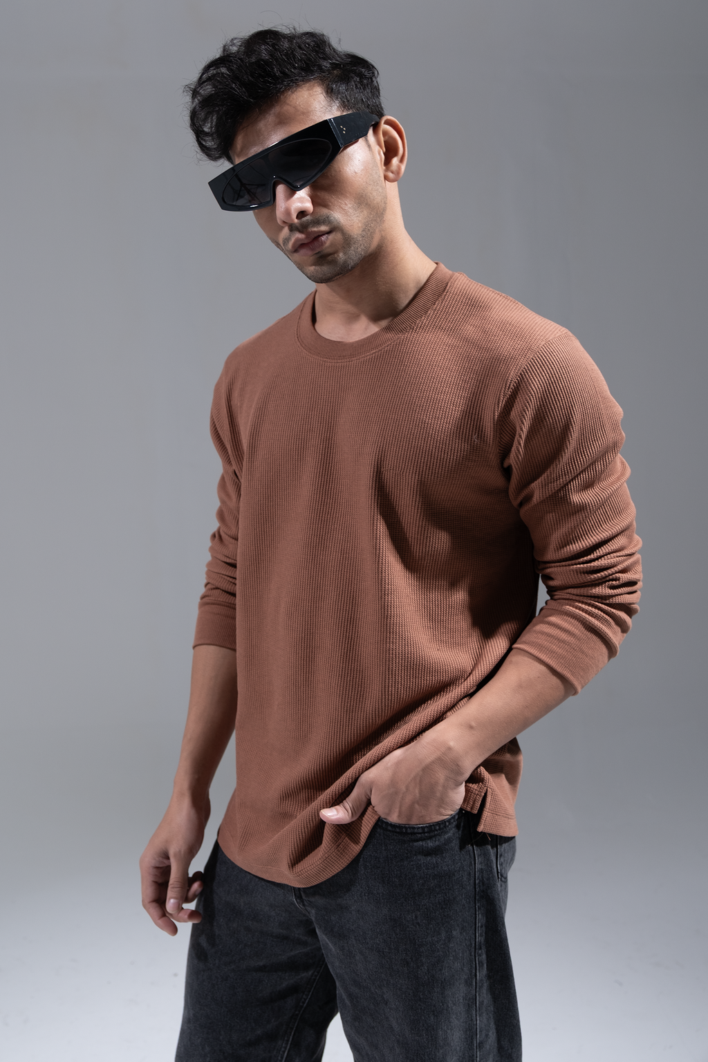 Waffle Long Sleeve T-Shirt - Brown